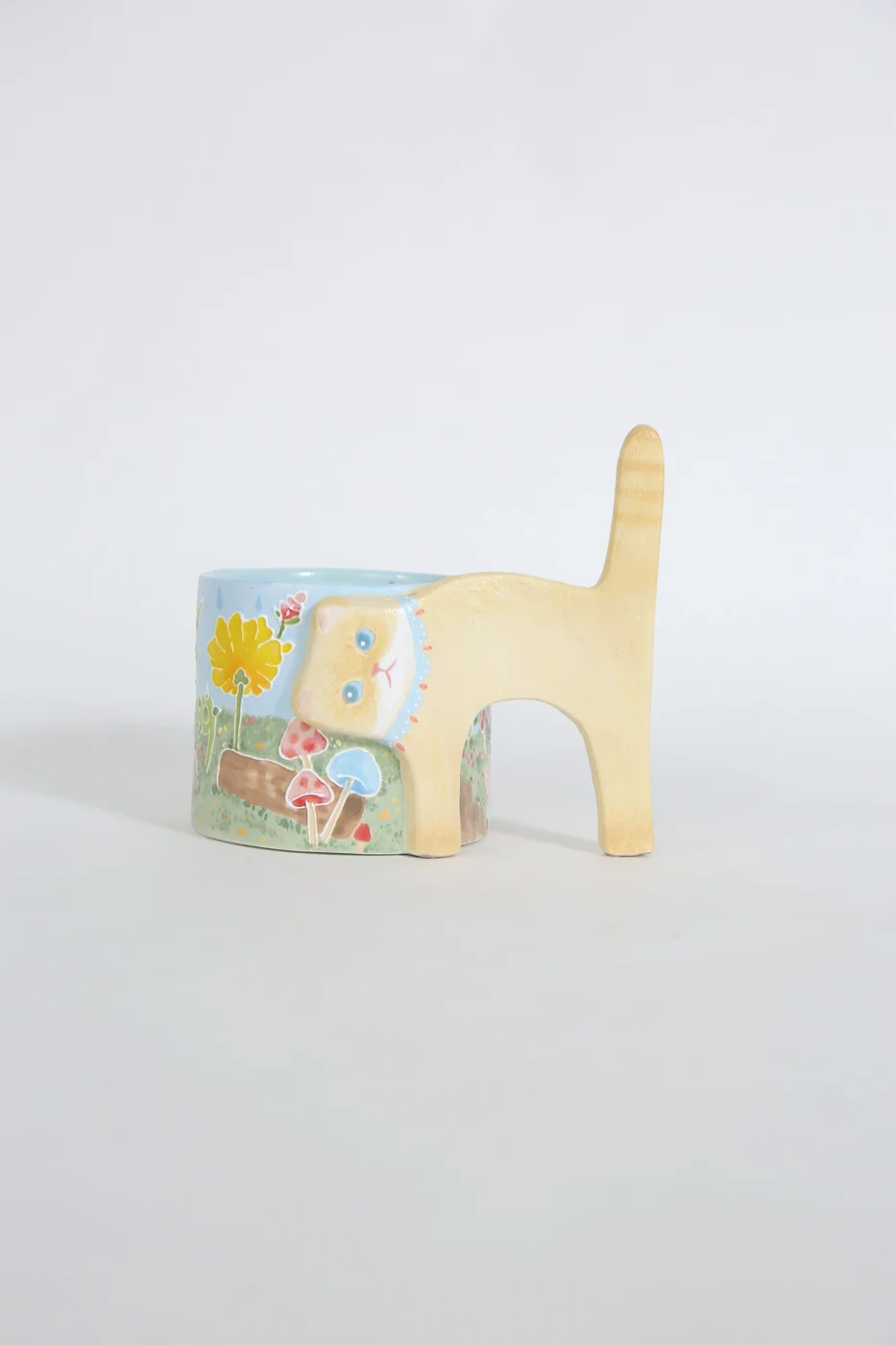 The sunflower cat cup seen from different angles